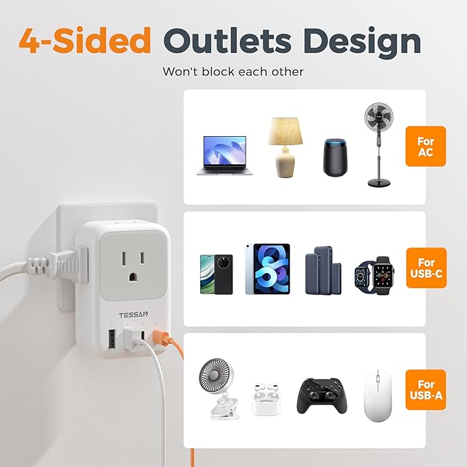 USB C Charger Block 20W, TESSAN PD Fast Charging Adapter with Foldable Plug, 1875W Power Outlet Extender(4 AC and 4 USB) for Cruise, Home, Office, Dorm