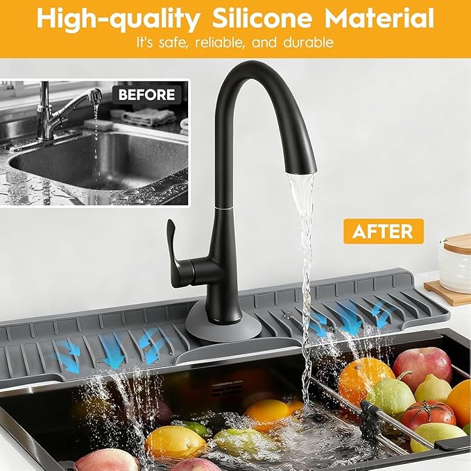 16" Silicone Faucet Mat for Kitchen Sink Released in 2025/12TH,8° Slope Fast Self-draining-Kitchen Sink Splash Guard,Bathroom Kitchen Sink Area Water Splash Guard Behind Faucet Draining Dark Grey