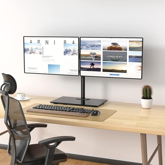 WALI Free Standing Dual Monitor Stand, Height Adjustable Monitor Mount with Glass Base, Fits LCD LED Flat Curved Screen up to 27 inch, 22lbs, with Grommet Base (GMF002)