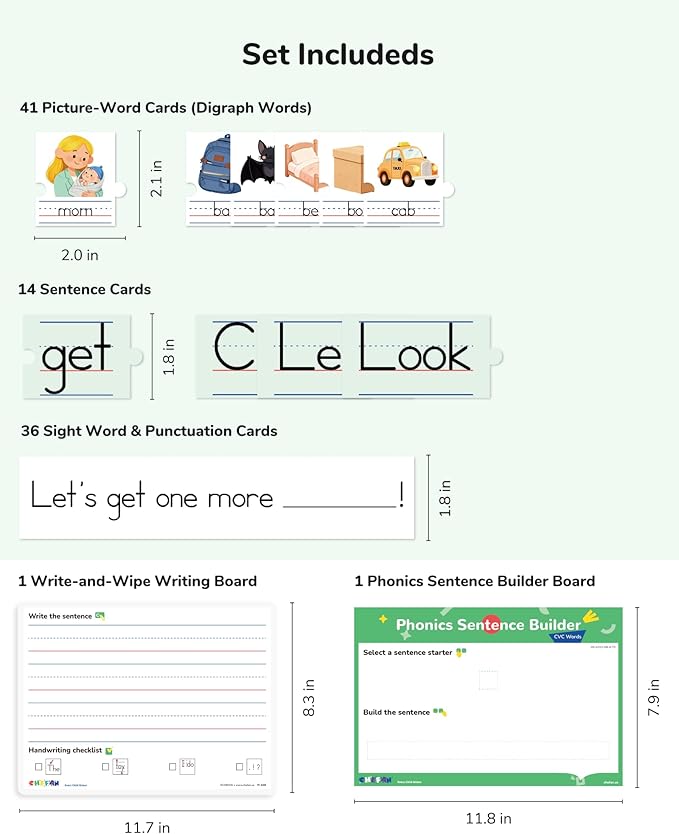 Phonics Sentence Builder, CVC Word Games for Kids, Sentence Building & Sight Words Flash Cards, Learn to Read Handwriting Practice, Preschool Kindergarten Homeschool & Speech Therapy