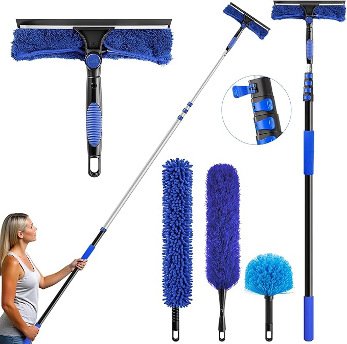 26ft Telescoping Dusting Kit, Aluminum 5-20ft Fan & Window Cleaner Set, Versatile Dusting Set with 5 Replaceable Heads for Cleaning Fans, Windows, and Hard-to-reach Areas Outdoors Without Ladder
