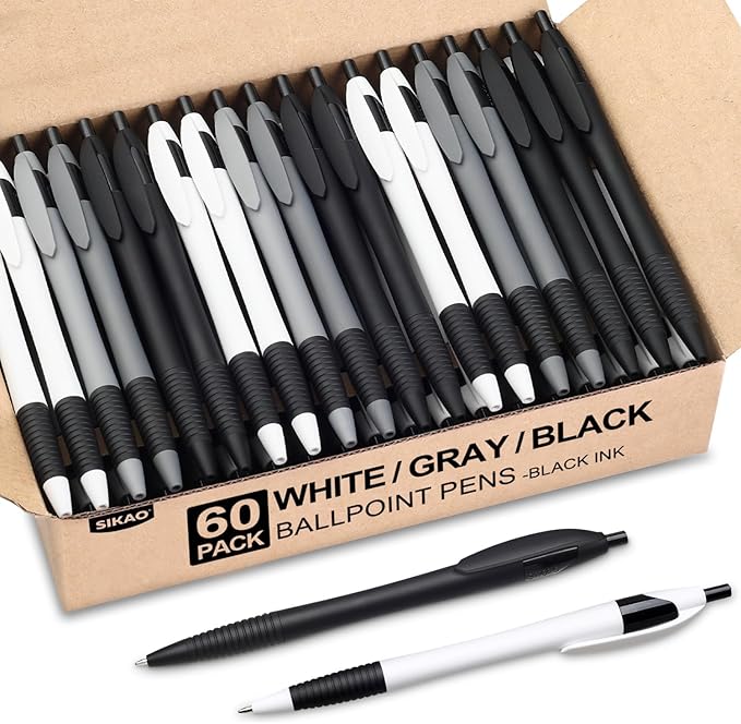 Pens Bulk, 60 Pack Minimal Gripped Slimster Ballpoint Pens, Black Ink 1.0mm, Smooth Writing Click Pens in White Grey Black, Ideal for Office, School, Teachers, Students & Front Desk Use