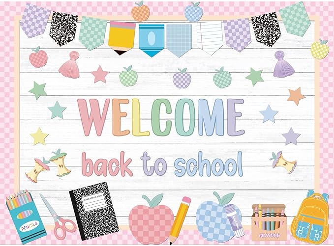 94 Pcs Composition Notebook Classroom Decor Welcome Back to School Bulletin Board Set Checkered Classroom Decor Pencil Apple Paper Cutouts for First Day of School Party Wall Door(Pastel)