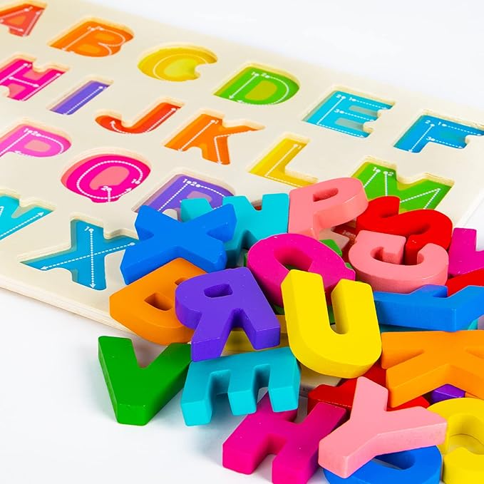 Attmu Alphabet Puzzles Wooden Puzzles for Toddlers Toy, Shape ABC Puzzle Alphabet Learning Toys Preschool Educational Toys Gift for Girls Boys