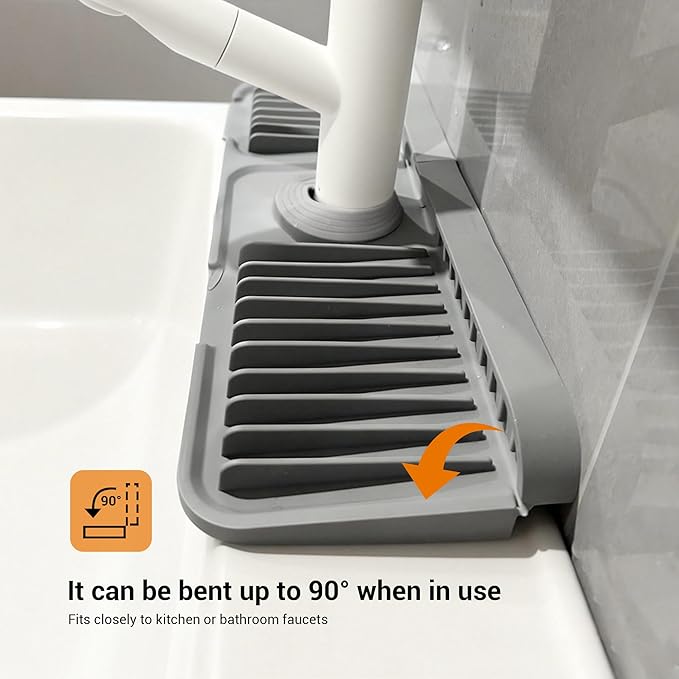 Faucet Mat for Kitchen Sink, 24"X5.5" Silicone Sink Splash Guard with Soap Holder, Snap-On Design & 7°slope Fast Drain, Folding Sink Faucet Mat for Universal Kitchen Bathroom Sink（Grey）