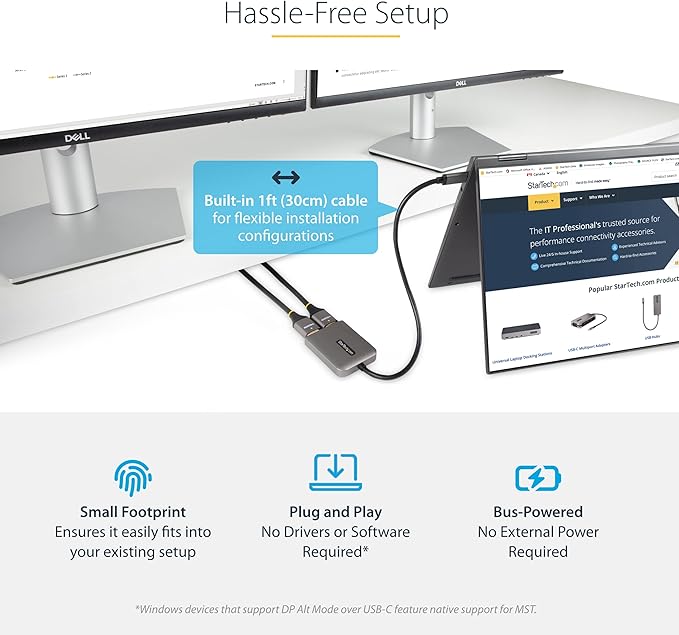 StarTech.com USB-C to Dual HDMI Adapter, USB Type-C Multi-Monitor MST Hub, Dual 4K 60Hz HDMI Laptop Display Extender / Splitter, HDR, Extra-Long Built-In Cable, Windows Only (MST14CD122HD)