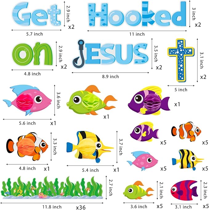 BeYumi 81Pcs Get Hooked on Jesus Christian Bulletin Board Set Under The Sea Tropical Fish Honeycomb Cutouts Name Tags Trim Borders Summer Back to School Faith Religious Classroom Sunday School Decor
