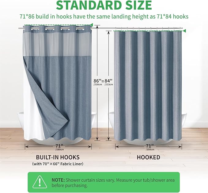 Extra Long No Hooks Needed Linen Textured Shower Curtain with Snap-in Fabric Liner Set,Blue Grey Hotel Luxury Decor Shower Curtains for Bathroom,Waterproof & Washable,71Wx86H