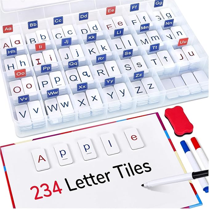 234 Foam Alphabet Tiles Magnetic Letters with Double-Side Magnet Board and Compartment Storage Case-Classroom Magnetic Letter Tiles for Phonics and Spelling