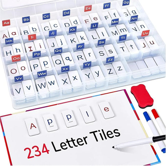 234 Foam Alphabet Tiles Magnetic Letters with Double-Side Magnet Board and Compartment Storage Case-Classroom Magnetic Letter Tiles for Phonics and Spelling