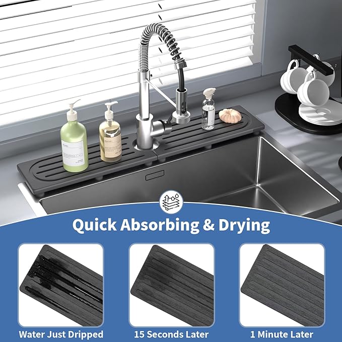 Stone Faucet Mat for Kitchen Sink, Water Absorbing Sink Water Splash Guard, Fast-Drying Kitchen Sink Faucet Mat, Durable Protector and Stone Drying Mat for Kitchen Counter & Bathroom Sink