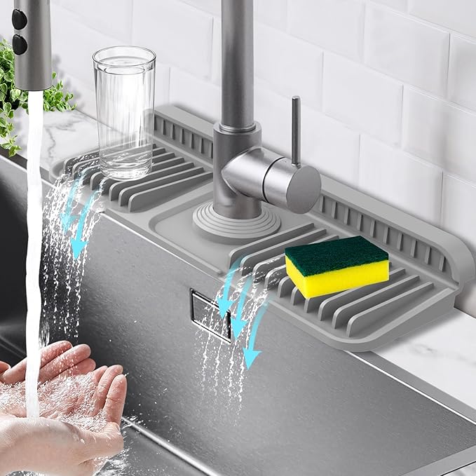 14.6-Inch Kitchen Sink Splash Guard Mat | 7° Slope for Fast Self-Draining | Snap-Lock Design | Universal & Cuttable Silicone Faucet Mat GRAY