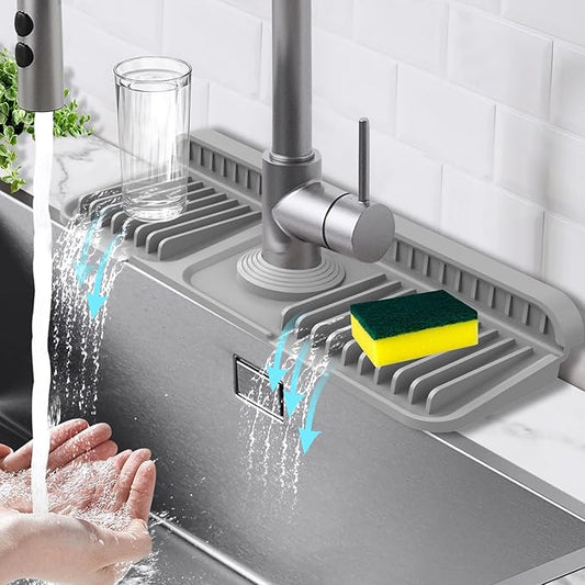 14.6-Inch Kitchen Sink Splash Guard Mat | 7° Slope for Fast Self-Draining | Snap-Lock Design | Universal & Cuttable Silicone Faucet Mat GRAY
