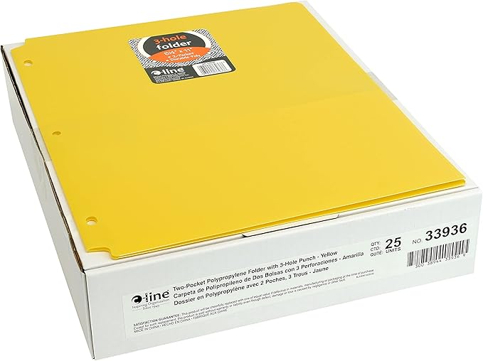 C-Line Two-Pocket Heavyweight Poly Portfolio Folder with Three-Hole Punch, Box of 25, Yellow (33936-25)