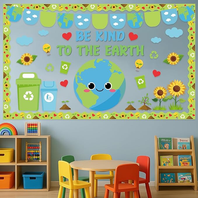 Earth Day Classroom Bulletin Board Set Environment Protection Classroom Decorations Spring Sunflower Grass Earth Paper Cutouts Educational Bulletin Board Borders for Elementary School Wall Door Decor