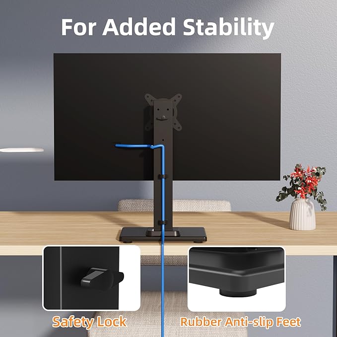 Suptek Single LCD Computer Monitor Free-Standing Desk Stand Mount Riser for 13 inch to 43 inch Screen with Swivel, Height Adjustable, Rotation, 50,75& 100mm Vesa Base Stand, Black