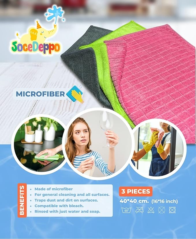 Microfiber Cleaning Cloth- Set of 3 - Cleaning Supplies, 16x16 inch (40x40cm) - Dish Towels for Kitchen - car Cleaning Supplies, Apartment Essentials (Pink, Green, Gray)
