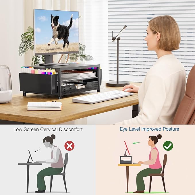 OPNICE Desk Organizer and Accessories, 2-Tier Computer Monitor Stand Riser with Drawer and 2 Pen Holders, Laptop Stand, Office Desk Accessories for Office Supplies, Black 2-Pack