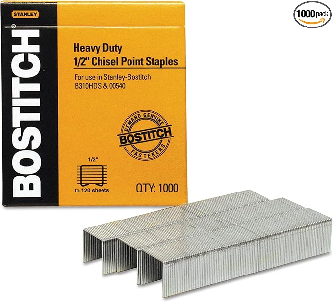 Bostitch SB35121M Heavy-Duty Premium Staples, 1/2-Inch Leg Length, 1000/Box