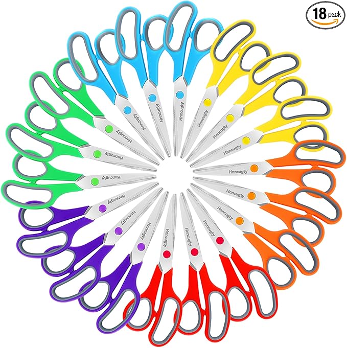 Scissors, Hnncugty 8" Scissors All Purpose Bulk Set of 18-Pack, Sharp Shears for Office Home Craft Sewing Fabric, High/Middle School Supplies Student Teacher Supplies, Comfort Grip Right/Left Handed