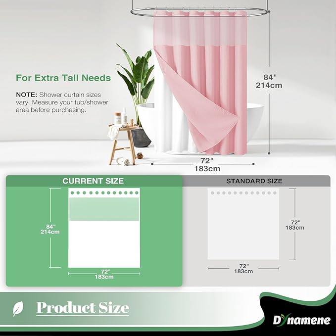 Dynamene Extra Long Shower Curtain, 84 Inch Long Waffle Fabric Shower Curtain for Bathroom, Tall Waterproof Cloth Shower Curtain Liner Set with Hook, Snap in Liner, Mesh Top Window, Pink, 72x84