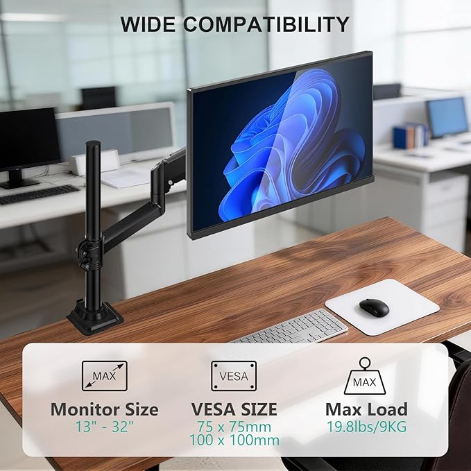 WALI Single Monitor Arm 13-32 Inch, Single Monitor Mount, Vesa Desk Mount up to 19.8lbs Gas Spring Arm with Clamp, VESA 75x75mm or 100x100mm Compatibility(GSDM001), Black