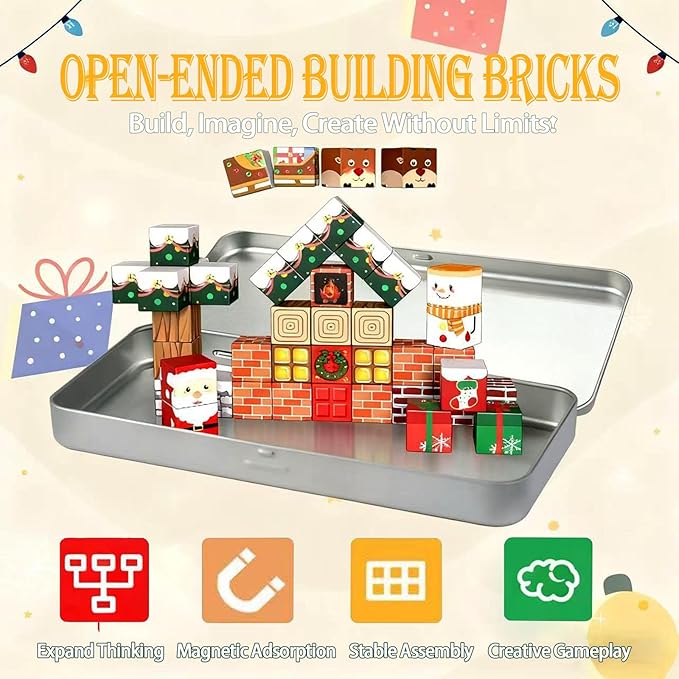 Christmas Magnetic Blocks-45PCS Xmas-Themed Building Blocks for Boys & Girls Aged 3-8 STEM Stacking Toys Games for Kids Toddlers