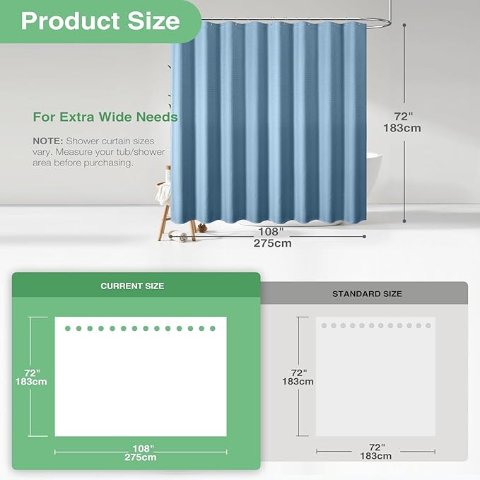 Dynamene Extra Wide Shower Curtain-108 Inch Wide Waffle Weave Weighted Thick Cloth Bathroom Shower Curtain, Neutral Heavy Duty Hotel Bath Curtain Set with 18 Plastic Hooks,108x72, Moonlight Blue