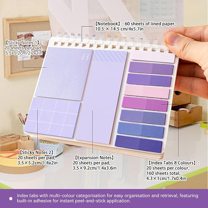 2Pcs Multi-Functional Sticky Note Combination Notebook, 220 Stickers +60 Inner Pages. Suitable for Office and Study Supplies (Purple)