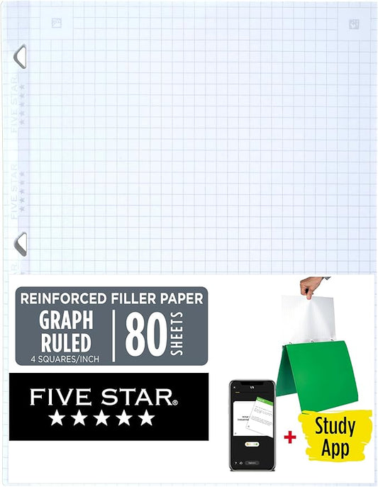 Five Star Loose Leaf Paper + Study App, Graph Ruled Filler Notebook Paper, Reinforced, Fights Ink Bleed, 8-1/2" x 11", 80 Sheets (170122)