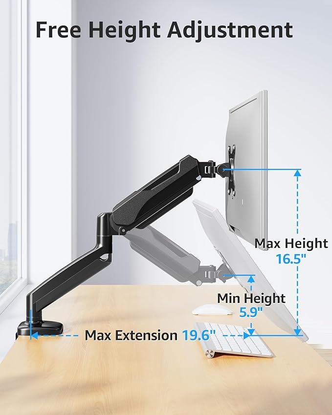 MOUNTUP Single Monitor Desk Mount Holds Screen up to 32 inch, Height Adjustable Monitor Arm, Computer Monitors Stand with Clamp/Grommet Mounting Base, VESA Mounts Fit 4.4-17.6lbs Computer, Black