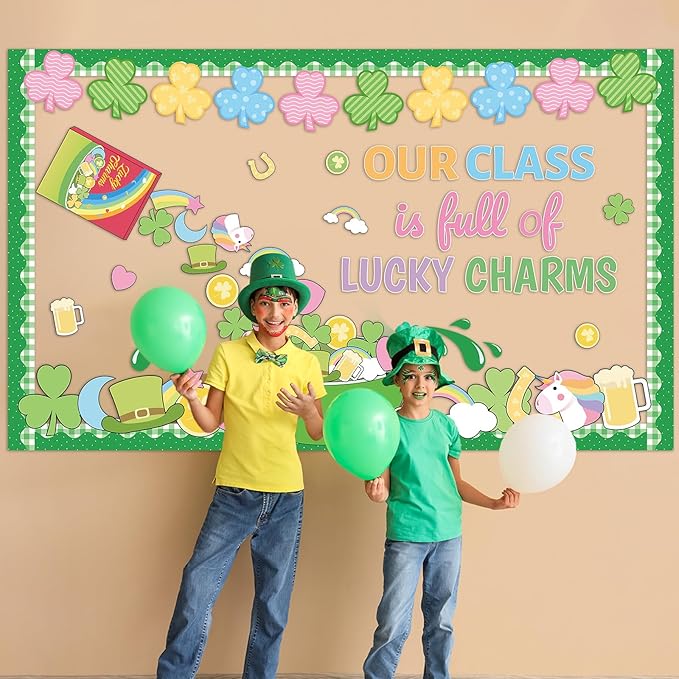 St. Patrick's Day Bulletin Board Set Our Class is Full of Charms Classroom Decoration Shamrock Rainbow Gold Coin Cutouts for Irish Holiday Party Supplies March Classroom School Chalkboard Wall Decor