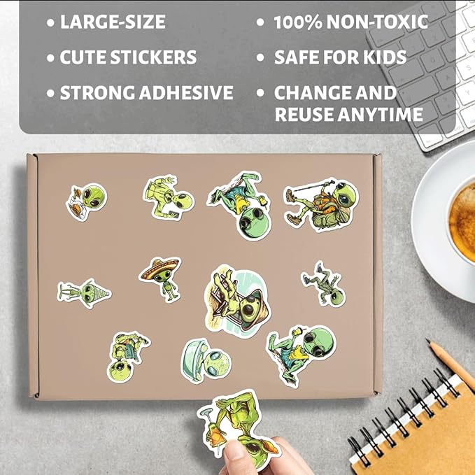 Funny Alien Lifestyle Stickers Pack 50Pcs Cool Vinyl Decals for Laptop Water Bottle Scrapbook Phone Notebook Teens Students Quirky Aesthetic Art Hat Skateboard Bottles