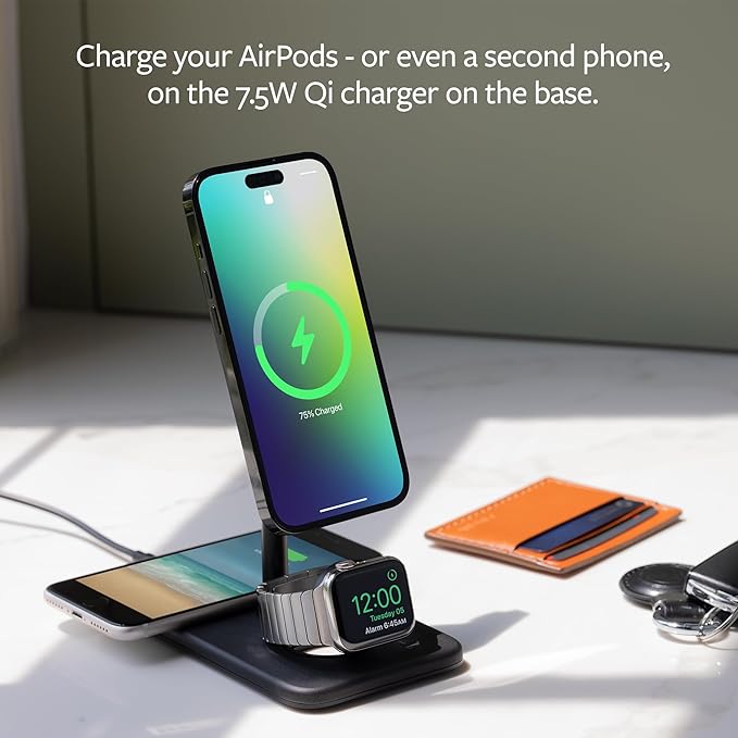 Twelve South HiRise 3 Deluxe, Compact Luxury Wireless Magsafe Charging Stand for iPhone, AirPods and Apple Watch - Includes US Power Supply with 5 Foot Cord, Plus International Plug Adapters, Black