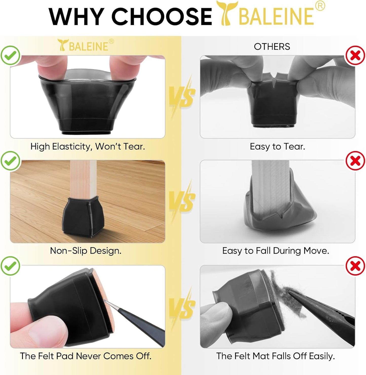 BALEINE 16 Pack Silicone Chair Leg Floor Protectors, Stool Leg Protectors Cap, Non-Slip Chair Leg Caps for Hardwood Floors (Black & Large (Square), 16 Pack)
