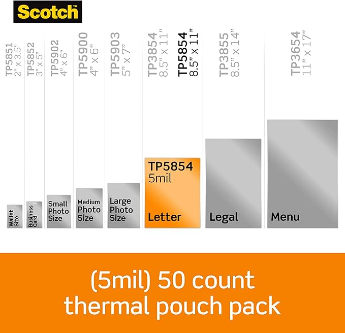Scotch Thermal Laminating Pouches Premium Quality, 5 Mil Thick for Extra Protection, 50 Pack Letter Size Laminating Sheets, Our Most Durable Lamination Pouch, 8.9 x 11.4 inches, Clear