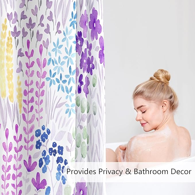 Small Stall Shower Curtain 36 x 72 Inch, Lavender Purple Half Narrow Floral Shower Curtain for Bathroom, Colorful Wildflower Boho Cottagecore Fabric Shower Curtain Set with Hooks