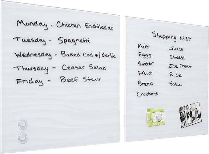 ECR4KIDS MessageStor Magnetic Dry-Erase Glass Board with Magnets, 17.5in x 17.5in, Wall-Mounted Whiteboard, White Waves, 2-Pack