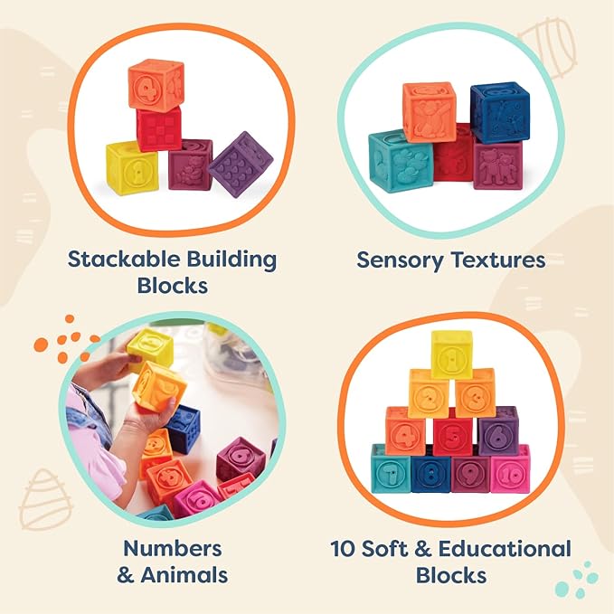 B. toys – Baby Blocks – Stacking & Building Toys for Babies – 10 Soft & Educational Blocks – Numbers, Shapes, Colors, Animals – One Two Squeeze – 6+ Months