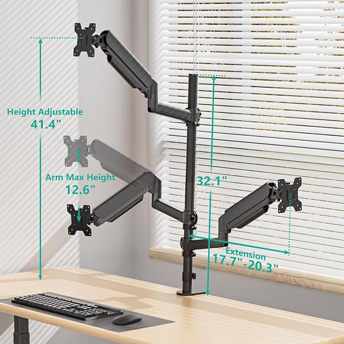 WALI Triple Monitor Mount for 13-32 inch Screens, Full Adjustable 3 Monitors Desk Mount with Clamp & Grommet Base, Gas Spring Monitor Arm, up to 19.8lbs Each, VESA 75x75 100x100 mm (GSDM003XL), Black