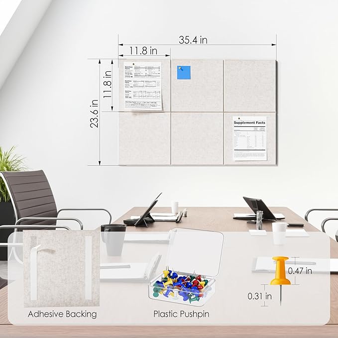 MaxGear Large Cork Board for Wall 36" x 24", Light Tan Bulletin Board, 6 Pack Felt Wall Tiles with Pushpins, Cork Boards for Office Pin Board Tack Board Cork Boards
