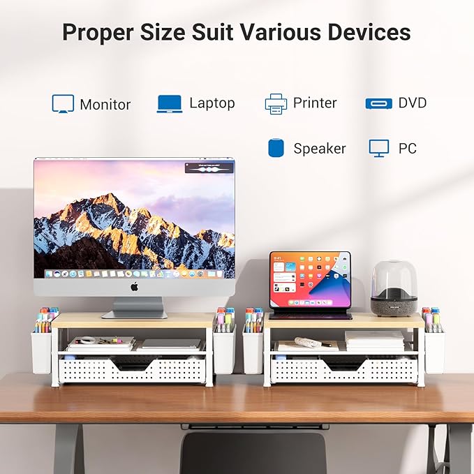 Wood Monitor Stand Riser, Laptop Stand for Desk, Office Desk Organizer and Accessories, Computer Desktop Shelf with Drawer and Pen Holder, Printer Stand for Home, Office, Dorm (Natural Wood)