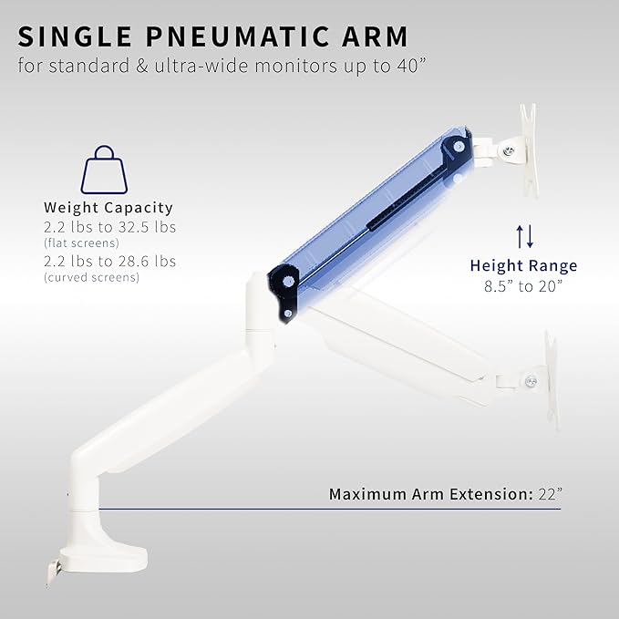 VIVO Premium Aluminum Heavy Duty Single Monitor Arm for Ultrawide Monitor up to 40 inches and 32.5 lbs, Desk Mount Stand, Pneumatic Height, Max VESA 100x100, White, STAND-V101QW