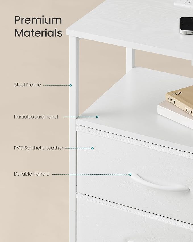 SONGMICS BELLAH Collection - Nightstand with Charging Station and App-Controlled Adjustable LED Lights, Bed Side Table, 2 Drawer and 1 Open Shelf, Bedroom, Cloud White and Snow White ULGS302WH01S
