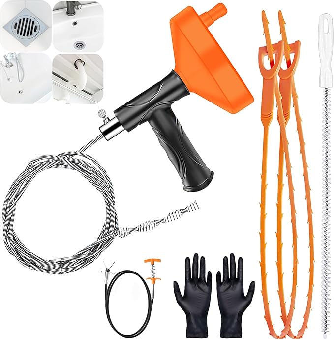 Drain Snake Auger, Plumbing Snake Drain Hair Clog Removal Tool, Heavy Duty Toilet Snake Auger, Sink Unclogger Drain Cleaner Tool for Bathroom Kitchen Tub Shower Drain Clog Remover with Gloves（33 Feet）