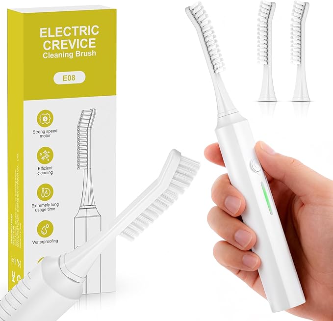 Electric Crevice Cleaning Brush, IPX7 Waterproof Grout Scrub Brush with 2 Replaceable Heads, Power Shower Scrubber for Kitchen, Bathroom, Window Track & Tight Gaps Cleaning