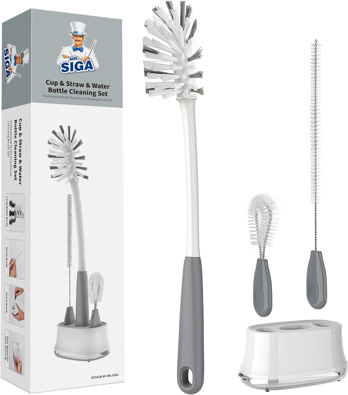 MR.SIGA Water Bottle Brush Cleaning Set with Storage Holder, Cleaning Brushes for Tumbler, Straw, Baby Bottles, Drinking Glasses