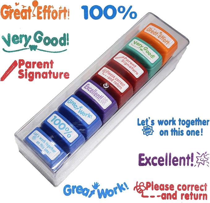 8-Pcs Self-Inking Teacher Stamps for Classroom – Colorful Motivational Stamps Set with Transparent Storage Box, Perfect for Grading Homework, Rewards & Parent Signatures (Rainbow)