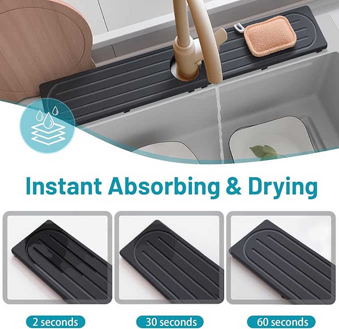 Fast Drying Stone Faucet Mat for Kitchen Sink with Raised Feet, Water Absorbent Diatomite Stone Sink Tray, Faucet Sink Splash Guard, Prevents Moisture Buildup, Durable Protector for Bathroom Counter