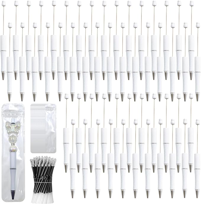 150 Pieces DIY Beadable Pen Kit – 50 Plastic Ballpoint Pens with Refills & Bags – School Supplies, Office Accessories & Decorative Items for Students & Teachers （White）